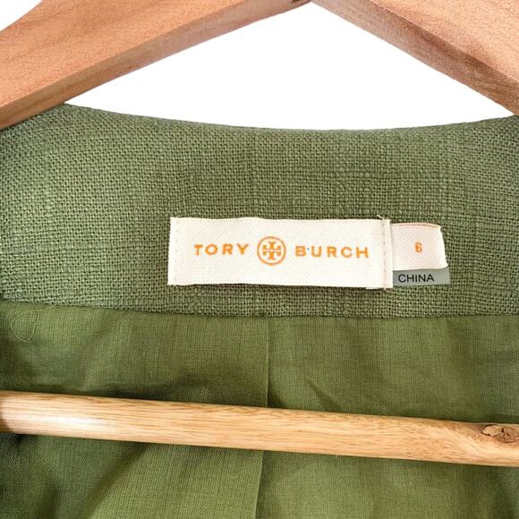 Tory Burch Embellished Avery Linen Boxy Jeweled Crop Jacket Green Silver US 6 - Picture 9 of 11